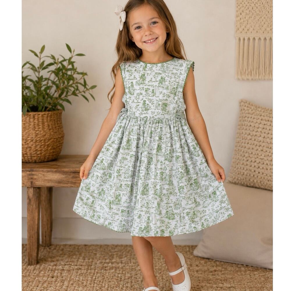 Polly and Friends Girls Green Toile Chinoiserie Cotton Gingham Easter Dress 6